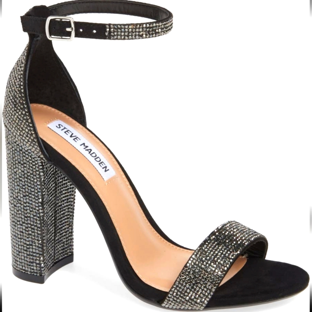 Steve Madden Black and Silver Glitter Heels with Ankle Strap - Size 8